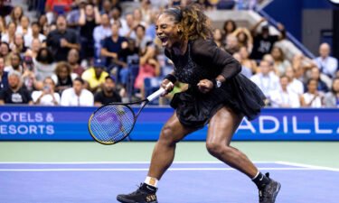 US player Serena Williams reacts after a point against Montenegro's Danka Kovinic during their 2022 US Open Tennis tournament women's singles first round match at the USTA Billie Jean King National Tennis Center in New York