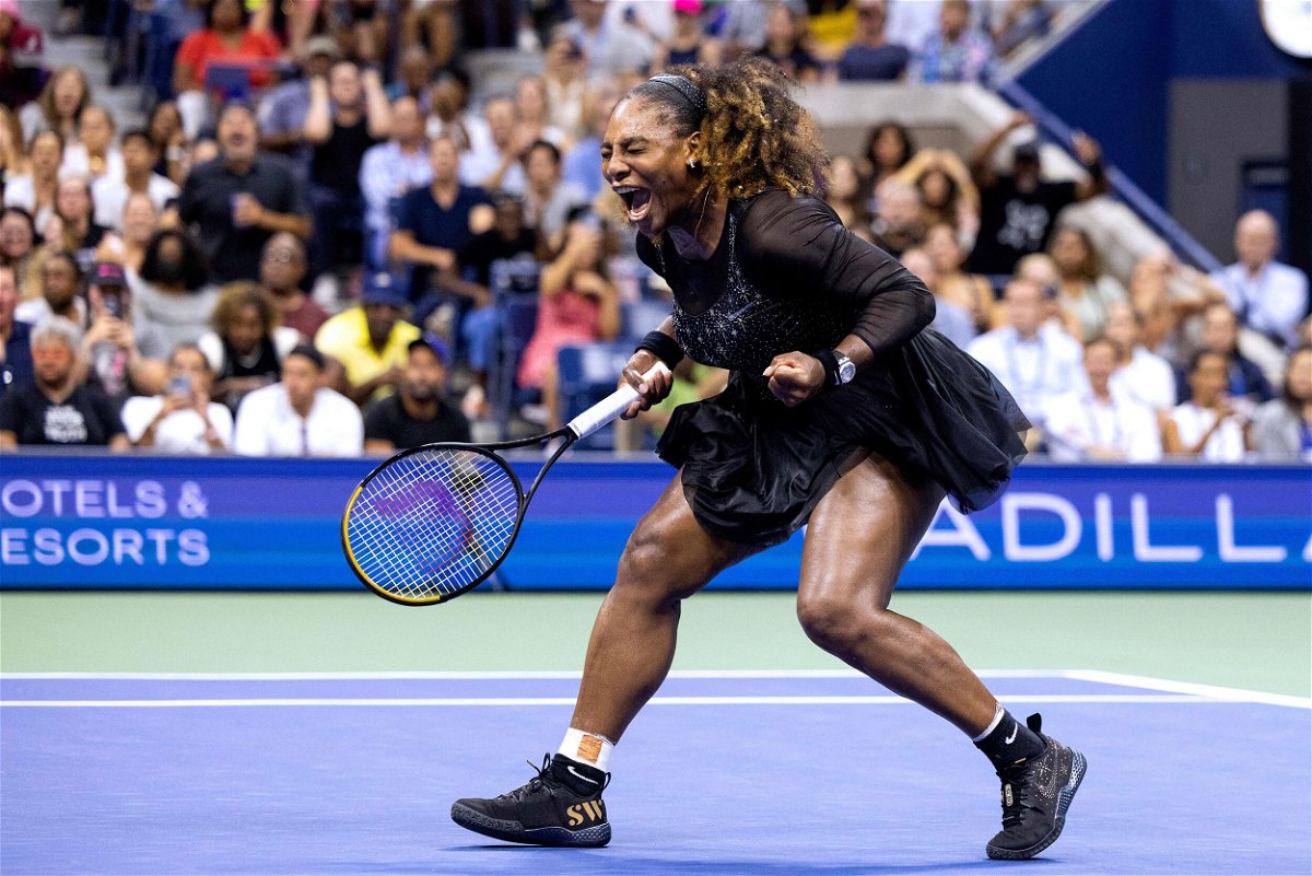 <i>Corey Sipkin/AFP/Getty Images</i><br/>US player Serena Williams reacts after a point against Montenegro's Danka Kovinic during their 2022 US Open Tennis tournament women's singles first round match at the USTA Billie Jean King National Tennis Center in New York