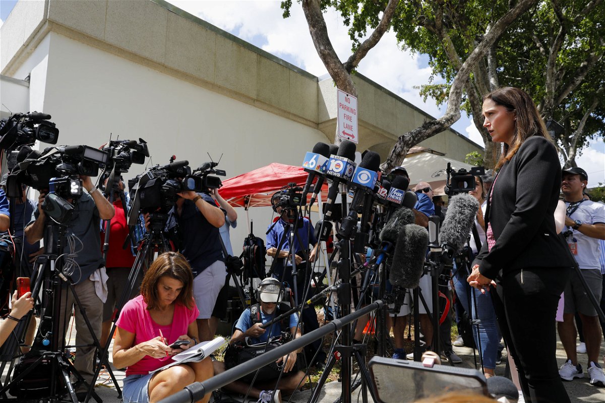 Deanna Shullman, attorney for Dow Jones & Co., right, speaks to member of the media outside the federal court in West Palm Beach, Florida, US, on Thursday, Aug. 18, 2022. Portions of the FBI affidavit used to secure a search warrant for former President Donald Trumps Mar-a-Lago estate should be unsealed, a federal judge in Florida said. Photographer: Eva Marie Uzcategui/Bloomberg via Getty Images