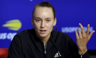 Elena Rybakina answers a question during a media day before the start of the US Open.