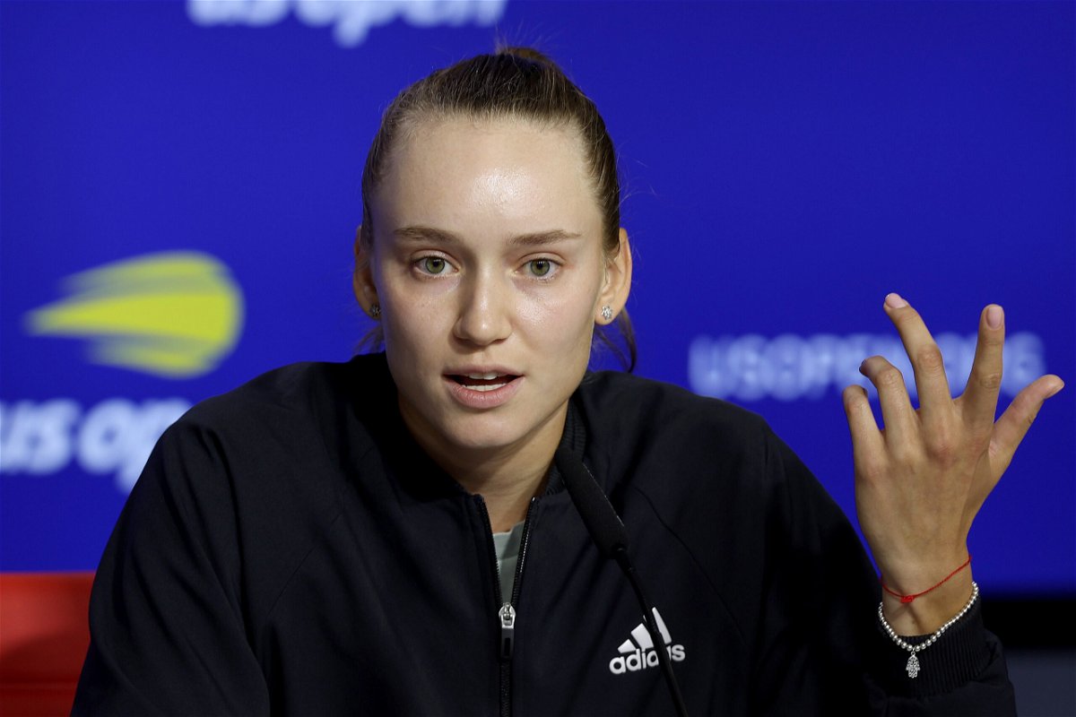 <i>Matthew Stockman/Getty Images</i><br/>Elena Rybakina answers a question during a media day before the start of the US Open.