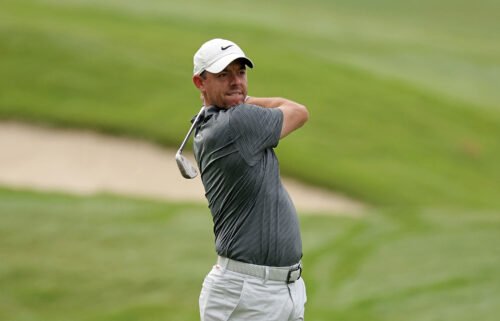 Rory McIlroy plays a shot prior to the FedEx St. Jude Championship at TPC Southwind in Memphis