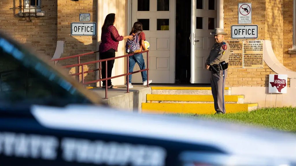 Children arrive at Flores Middle School on Sept. 6 for the first day of classes in Uvalde. The families of three survivors of the Uvalde school shooting in May have filed the first lawsuit related to the tragedy.