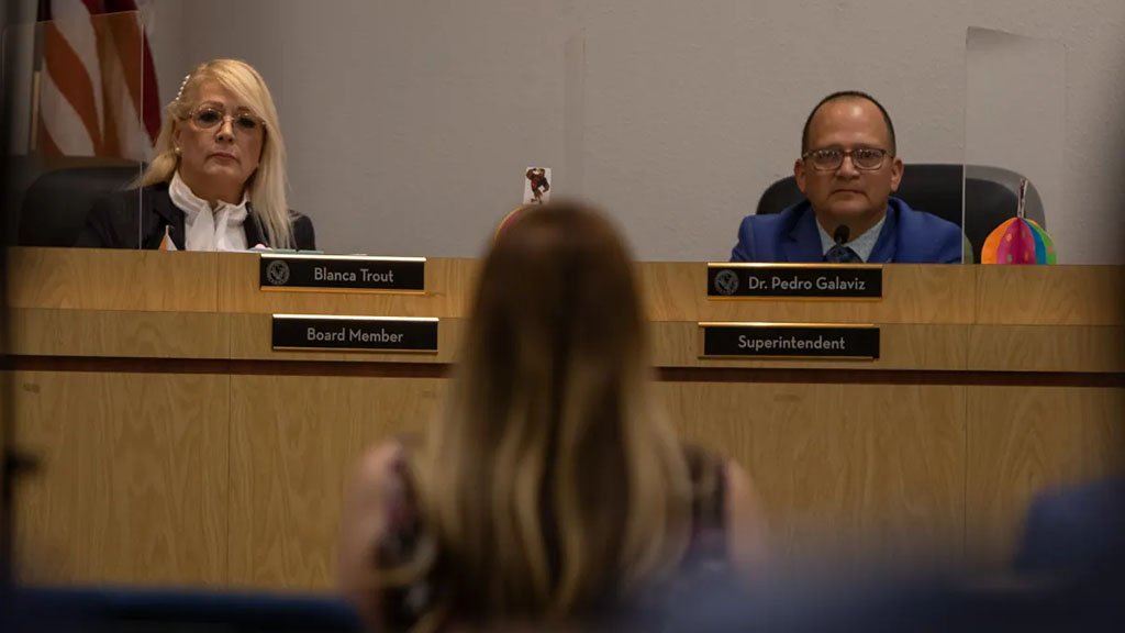 Trustee Blanca Trout, left, and Superintendent Pedro Galaviz listen to comments from the district's internal auditor during a meeting on Tuesday, Sept. 27.