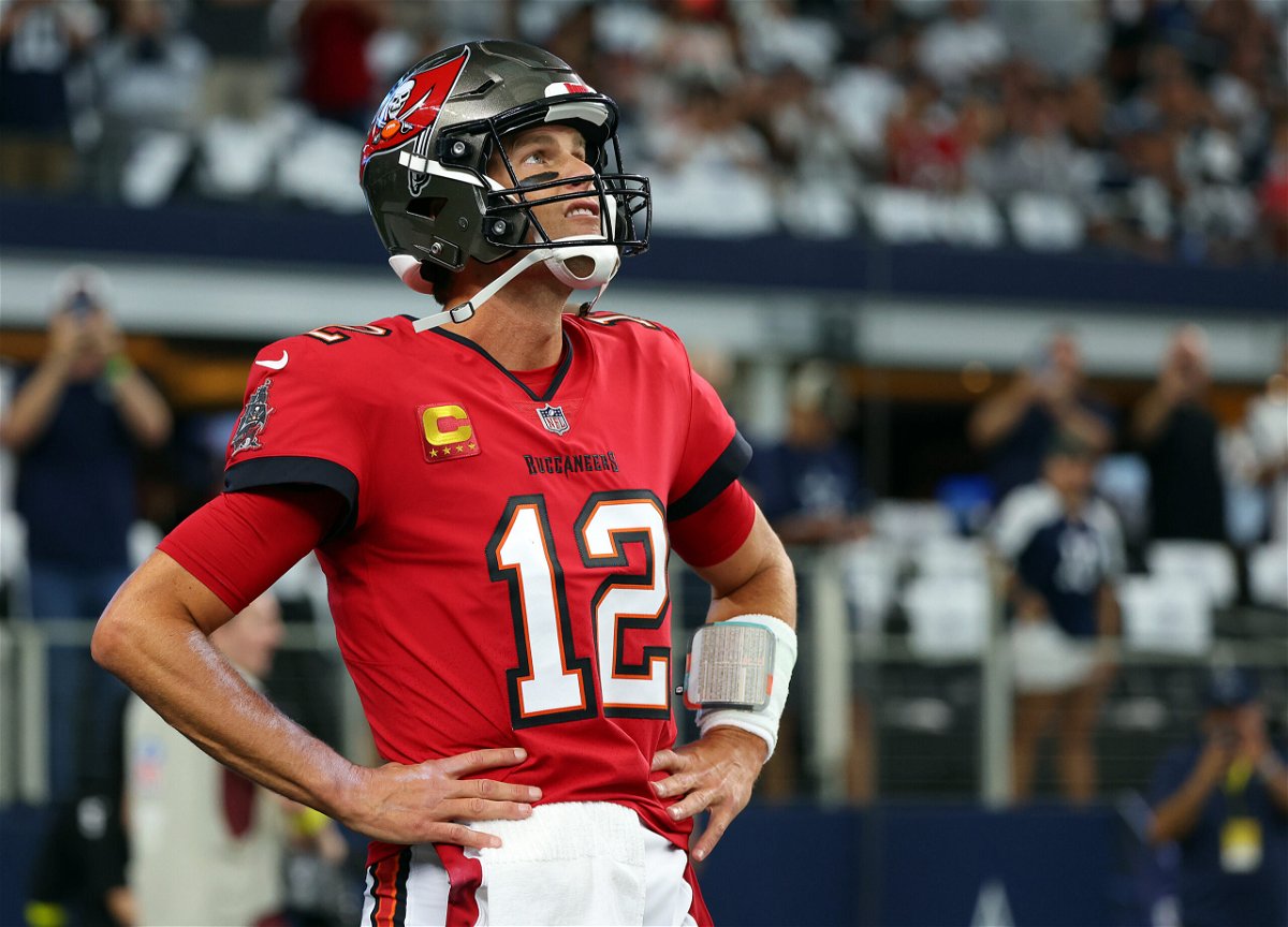 <i>Richard Rodriguez/Getty Images</i><br/>Buccaneers quarterback Brady looks on during warmups before the game against the Dallas Cowboys.