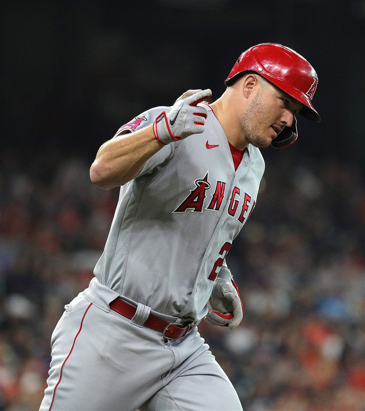 <i>Bob Levey/Getty Images</i><br/>Ten-time Major League Baseball All-Star Mike Trout hit his seventh homer in seven games with a two-run drive in the fifth inning