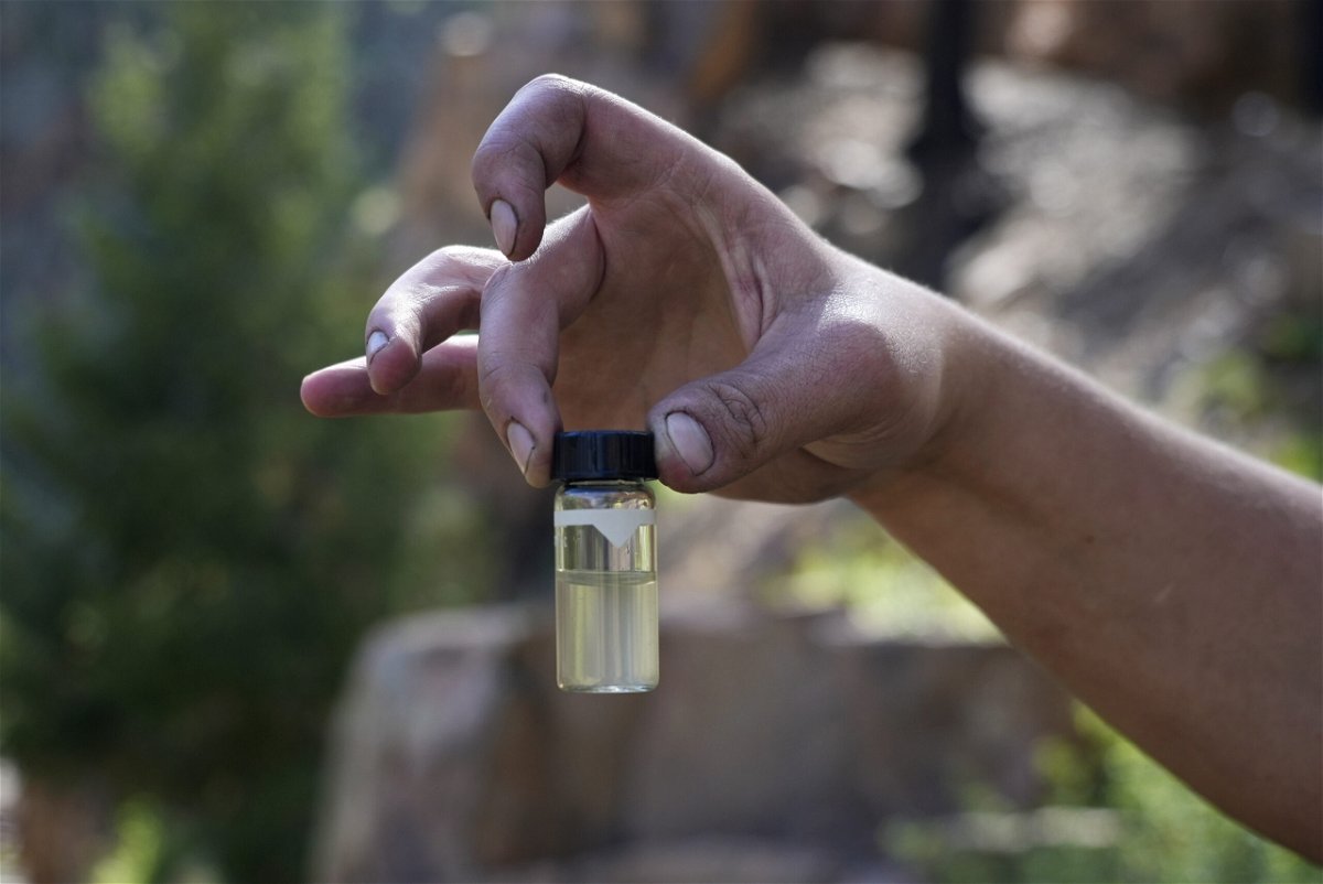 <i>Brittany Peterson/AP</i><br/>A water treatment plant employee holds up a contaminated water sample from the Gallinas River in August.