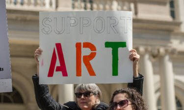 Supporters of New York City's arts and cultural activities are seen at a rally in 2017. President Joe Biden issued an executive order on September 30 that includes a provision reestablishing the President's Committee on the Arts and the Humanities.