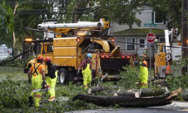 Workers clear fallen trees and downed wires from damage caused by post tropical storm Fiona in Halifax on Saturday.