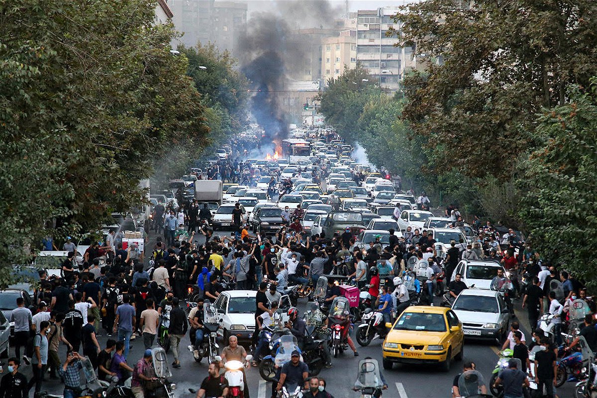 <i>Anadolu Agency/Getty Images</i><br/>Demonstrations in Tehran following the death of Mahsa Amini are seen here on September 21.