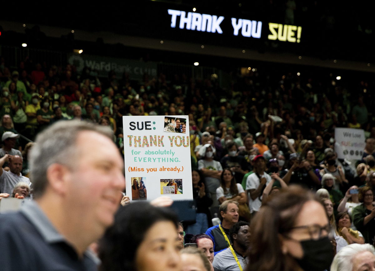 <i>Lindsey Wasson/AP</i><br/>A fan holds a sign thanking Sue Bird after the Storm lost to the Las Vegas Aces in Seattle on September 6.