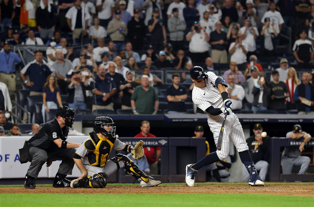 <i>Jamie Squire/Getty Images North America/Getty Images</i><br/>Judge hits his 60th home run of the season.