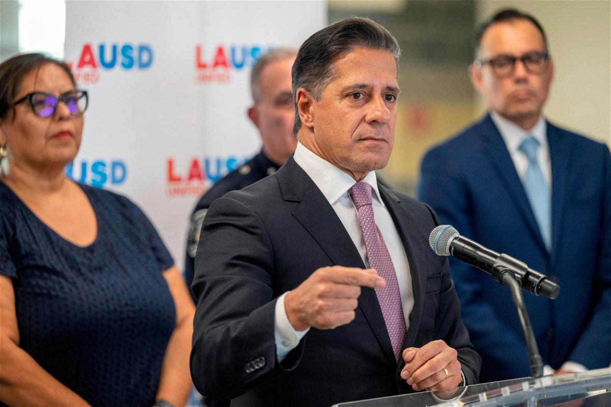 <i>Hans Gutknecht/MNG/Los Angeles Daily News/Getty Images</i><br/>Los Angeles Unified School District Superintendent Alberto Carvalho speaks during a news conference on September 22 where he announced schools in the district will soon be equipped with doses of naloxone.