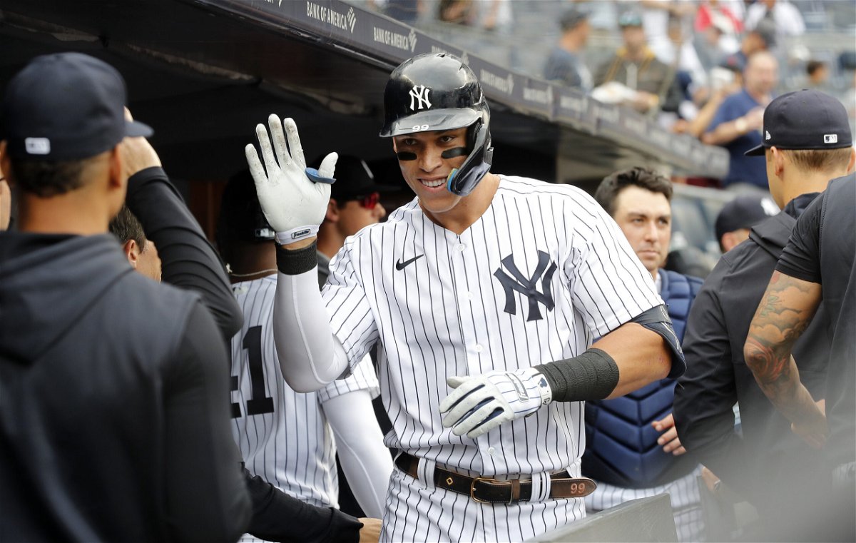 <i>Jim McIsaac/Getty Images</i><br/>Judge hit his 55th home run in game one of a doubleheader against the Minnesota Twins -- keeping him on pace for 65 on the year.