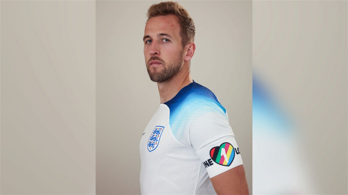 <i>Eddie Keogh/The FA/Getty Images</i><br/>England captain Harry Kane is pictured here wearing the OneLove armband.