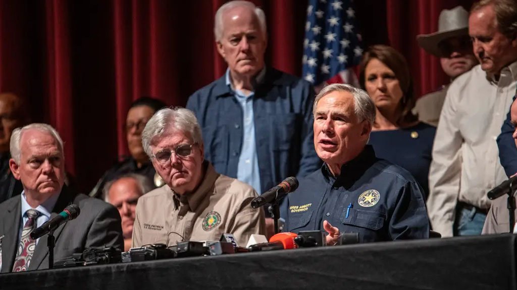 Gov. Greg Abbott speaks during a press conference a day after the Uvalde school shooting in May. On Monday, he appointed John P. Scott, a former Secret Service agent, to serve as the first chief of school safety and security, a position the governor created after the mass shooting.
