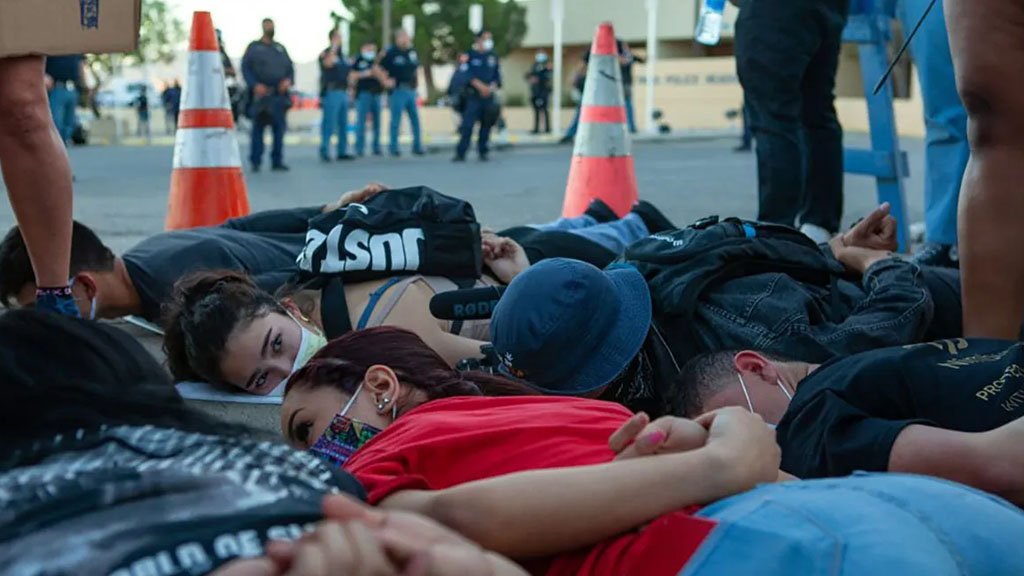 Protesters lie prone for more than eight minutes during a demonstration against police brutality on May 31, 2020, following the murder of George Floyd by Minneapolis police days earlier.