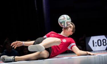Erlend Fagerli competes during the finals of the freestyle football world championship Red Bull Street Style on November 6
