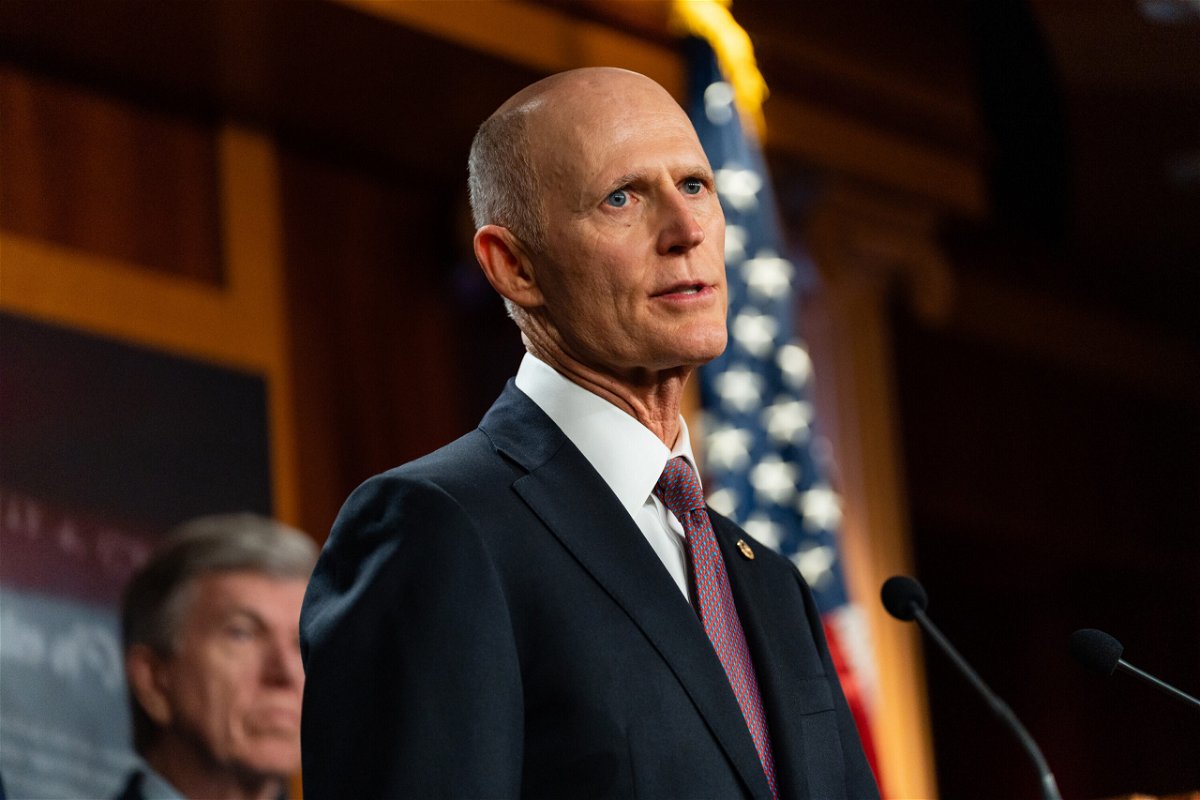 <i>Eric Lee/Bloomberg/Getty Images</i><br/>Florida Sen. Rick Scott speaks during a news conference at the US Capitol on July 26. Sen. Rick Scott of Florida will travel to Georgia on October 11 to support GOP Senate nominee Herschel Walker