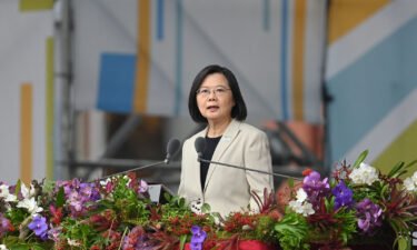 Taiwan's President Tsai Ing-wen speaks at a ceremony to mark the island's National Day in front of the Presidential Office in Taipei on October 10.