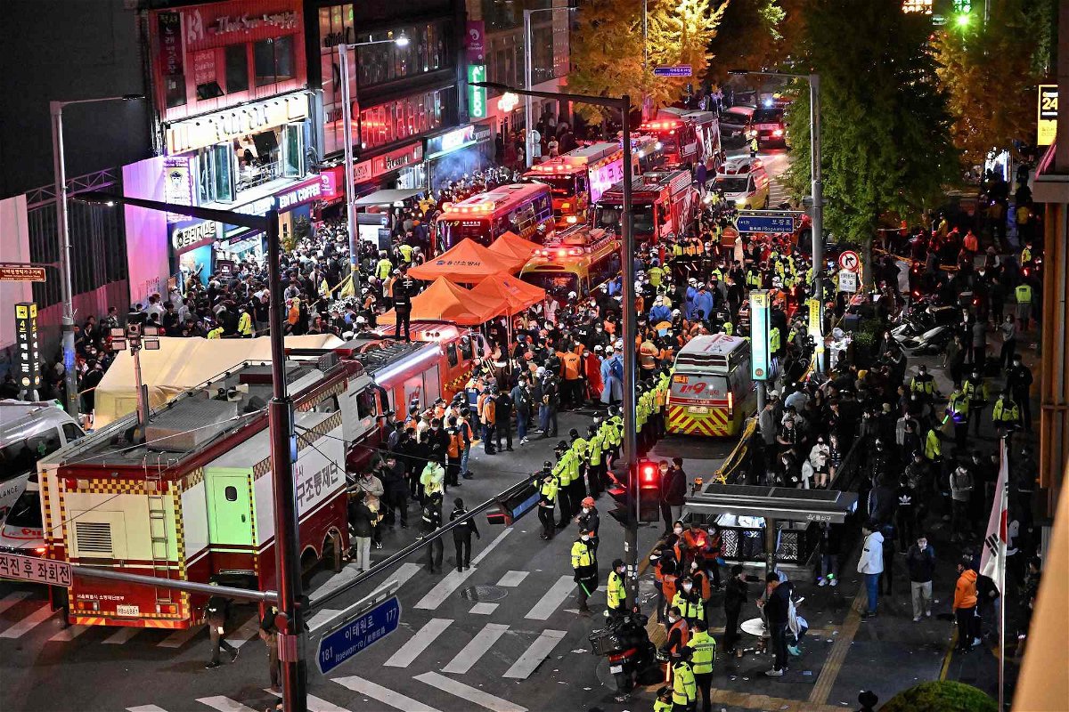 <i>Jung Yeon-je/AFP/Getty Images</i><br/>Crowds are seen in the popular nightlife district of Itaewon in Seoul on October 30.