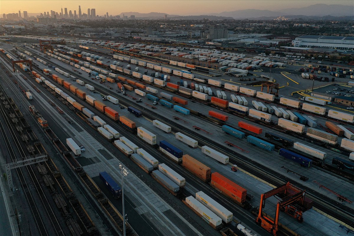 <i>Bing Guan/Reuters</i><br/>Seen here is an aerial view of shipping containers and freight railway trains in Commerce