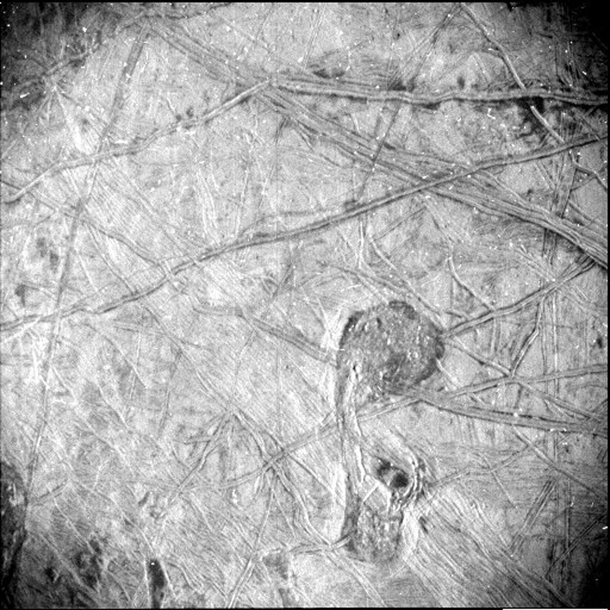 <i>NASA/JPL-Caltech/SwRI</i><br/>Europa's icy crust and its intriguing features appear in an image taken by Juno's star camera.