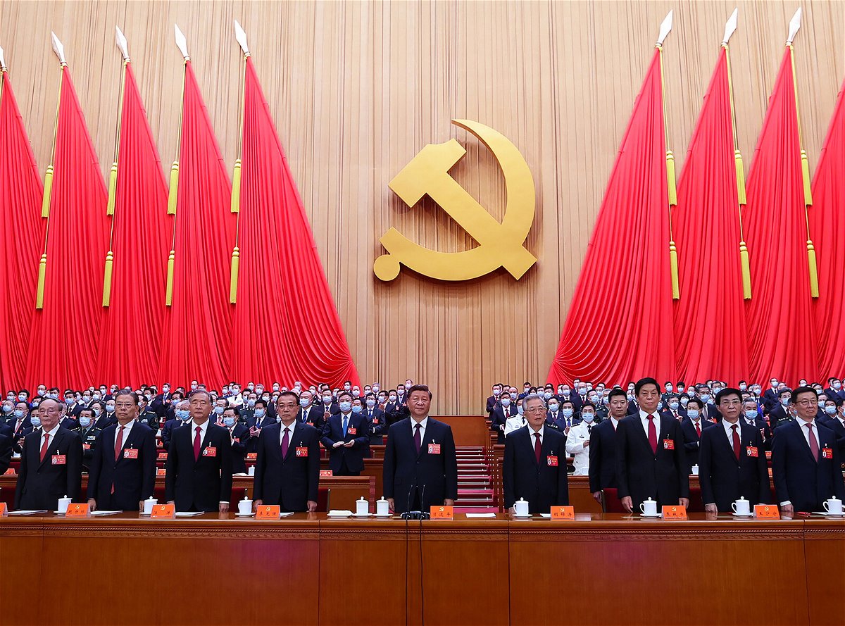 <i>Ju Peng/Xinhua via Getty Images</i><br/>Xi Jinping and China's top Communist Party leaders attend the closing session of the 20th National Congress of the Communist Party in Beijing on October 22.