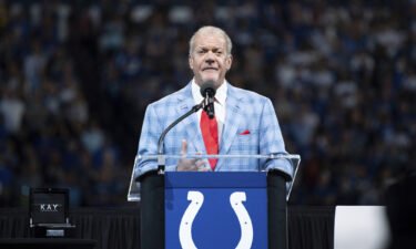 Irsay speaks during the Hall of Fame ring ceremony for Peyton Manning and Edgerrin James on September 19