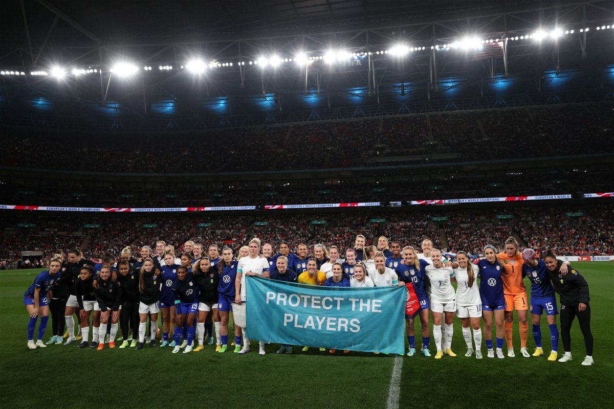 <i>Naomi Baker/The FA/Getty Images</i><br/>England and USWNT showed support for victims of abuse before the match.