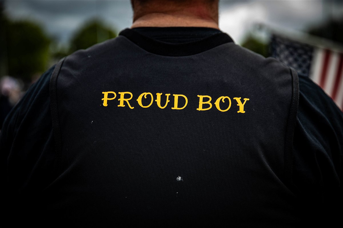 A man wears a Proud Boy vest as several hundred members of the Proud Boys and other similar groups gathered at Delta Park in Portland, Oregon on September 26, 2020. - Far-right group 