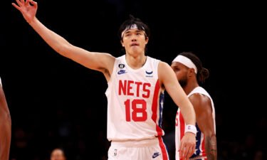 Yuta Watanabe #18 of the Brooklyn Nets celebrates his three-point shot in the second quarter against the Indiana Pacers at Barclays Center on October 29 in the Brooklyn borough of New York City.