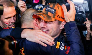 Max Verstappen celebrates becoming F1 world champion with his race engineer