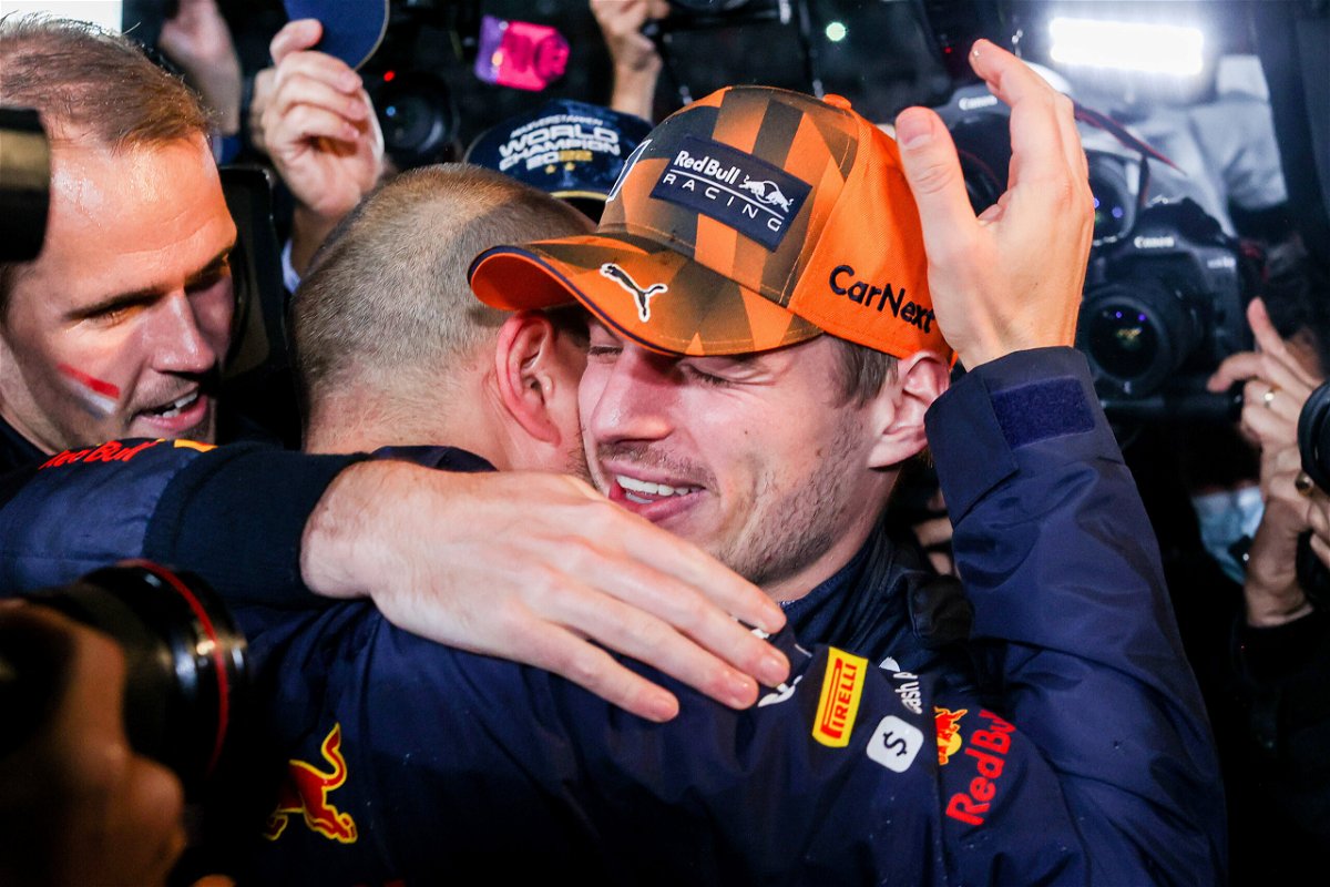 <i>Peter Fox/Getty Images</i><br/>Max Verstappen celebrates becoming F1 world champion with his race engineer