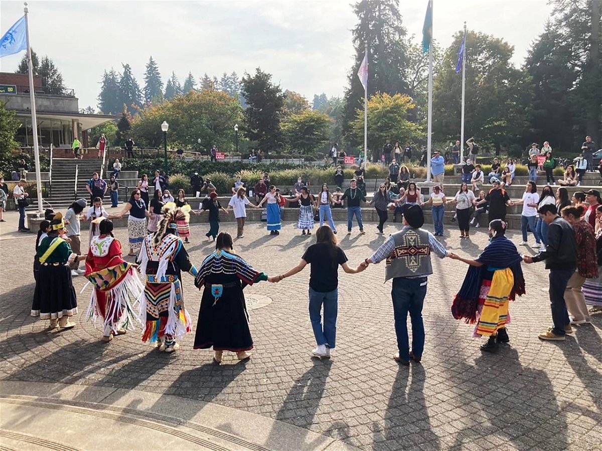 <i>Courtesy Katie Staton</i><br/>Indigenous Peoples' Day celebration at the University of Oregon honoring tribal communities and sharing their history and traditions.