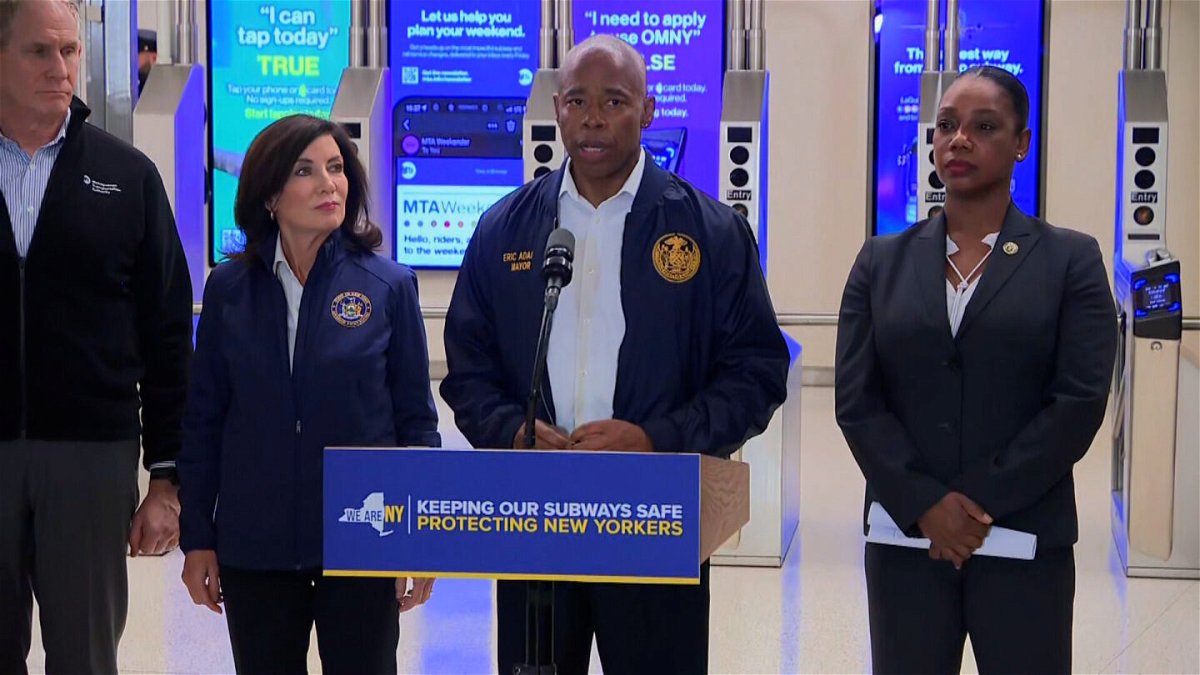 <i>CNN</i><br/>Gov. Kathy Hochul and Mayor Eric Adams announce new subway safety initiatives during an October 22 joint news conference.