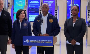 Gov. Kathy Hochul and Mayor Eric Adams announce new subway safety initiatives during an October 22 joint news conference.
