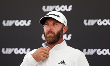 Golfer Dustin Johnson is seen here at a press conference near London on June 7. Johnson has clinched the inaugural LIV Golf championship and the series' $18 million prize.