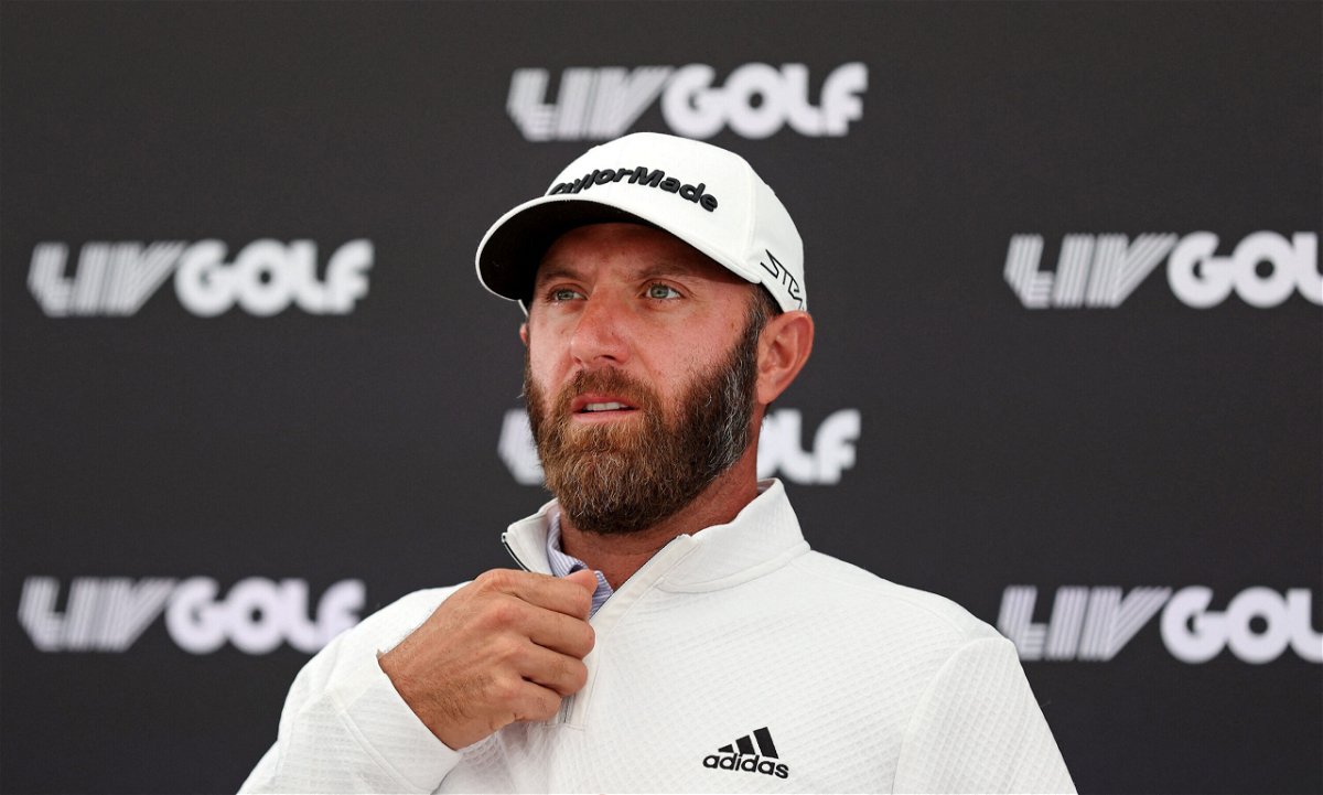 <i>Adrian Dennis/AFP/Getty Images</i><br/>Golfer Dustin Johnson is seen here at a press conference near London on June 7. Johnson has clinched the inaugural LIV Golf championship and the series' $18 million prize.