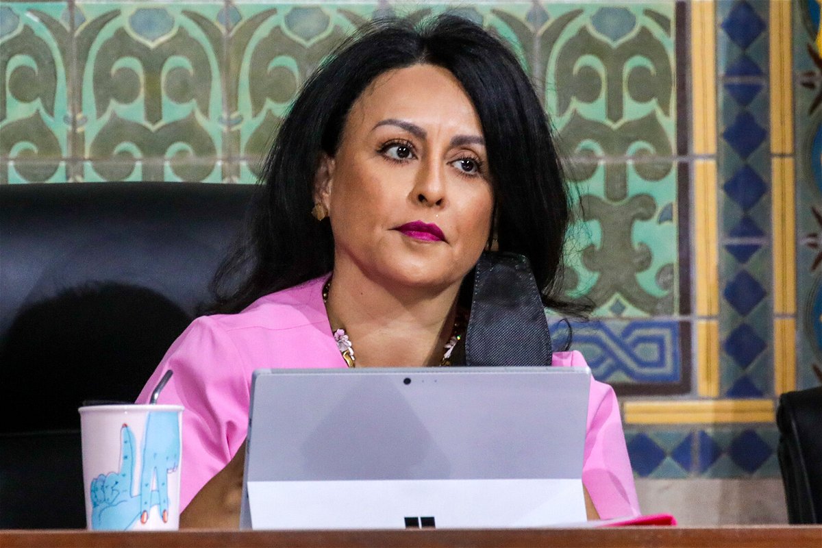 <i>Irfan Khan/Los Angeles Times/Getty Images</i><br/>Nury Martinez resigned Monday as president of the Los Angeles City Council after she made comments about the Black child of a fellow councilmember. Martinez is seen here on August 30 in Los Angeles.