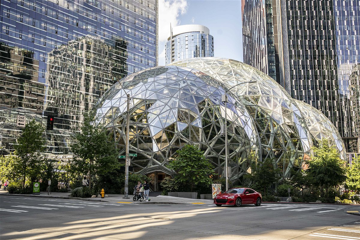 <i>David Ryder/Getty Images</i><br/>The exterior of The Spheres are seen at the Amazon.com Inc. headquarters in May 2021 in Seattle