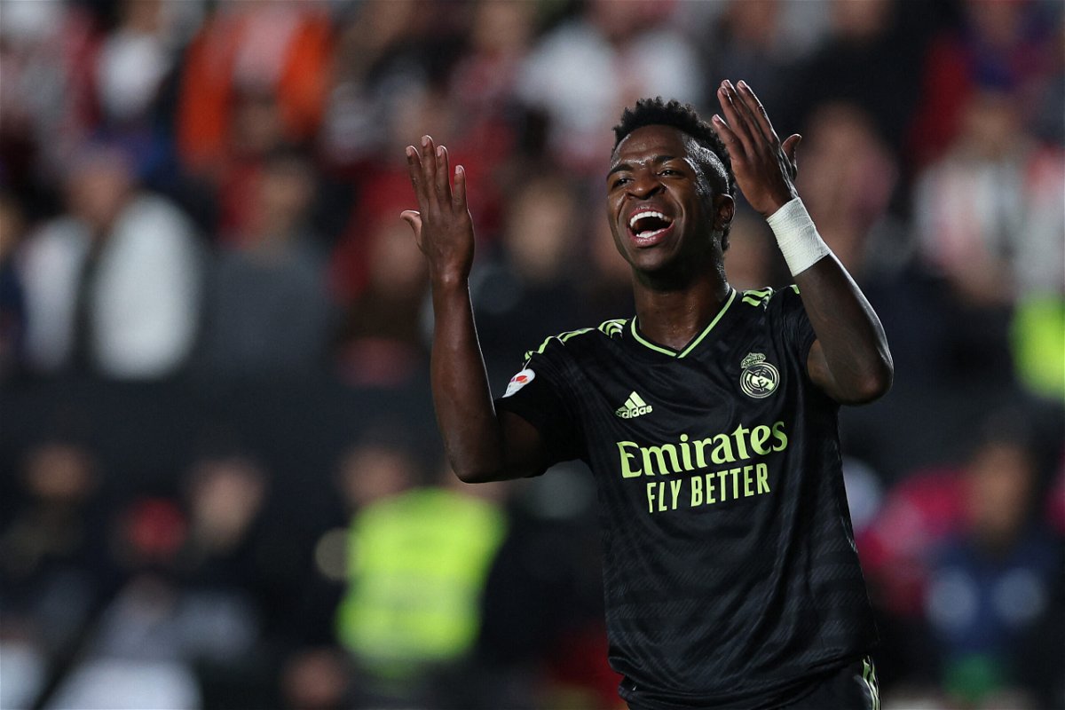 <i>PIERRE-PHILIPPE MARCOU/AFP/AFP via Getty Images</i><br/>Vinicius Jr. cuts a frustrated figure against Rayo Vallecano at the Vallecas Stadium.