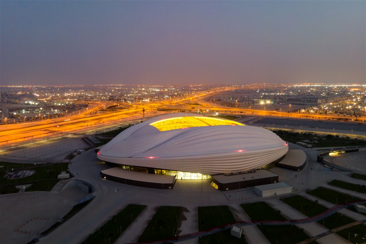 DOHA, QATAR - JUNE 21: (EDITORS NOTE: This photograph was taken using a drone) An aerial view of Al Janoub stadium at sunrise on June 21, 2022 in Al Wakrah, Qatar. Al Janoub stadium is a host venue of the FIFA World Cup Qatar 2022 starting in November. (Photo by David Ramos/Getty Images)