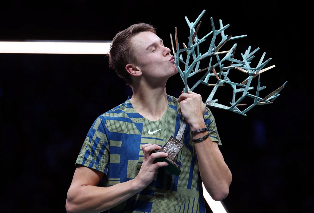<i>Julian Finney/Getty Images Europe/Getty Images</i><br/>Holger Rune celebrates winning the Paris Masters title against Novak Djokovic.