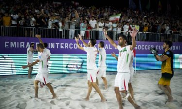 Iran's players celebrate defeating Brazil at the Emirates Intercontinental Beach Soccer Cup in Dubai on November 6.