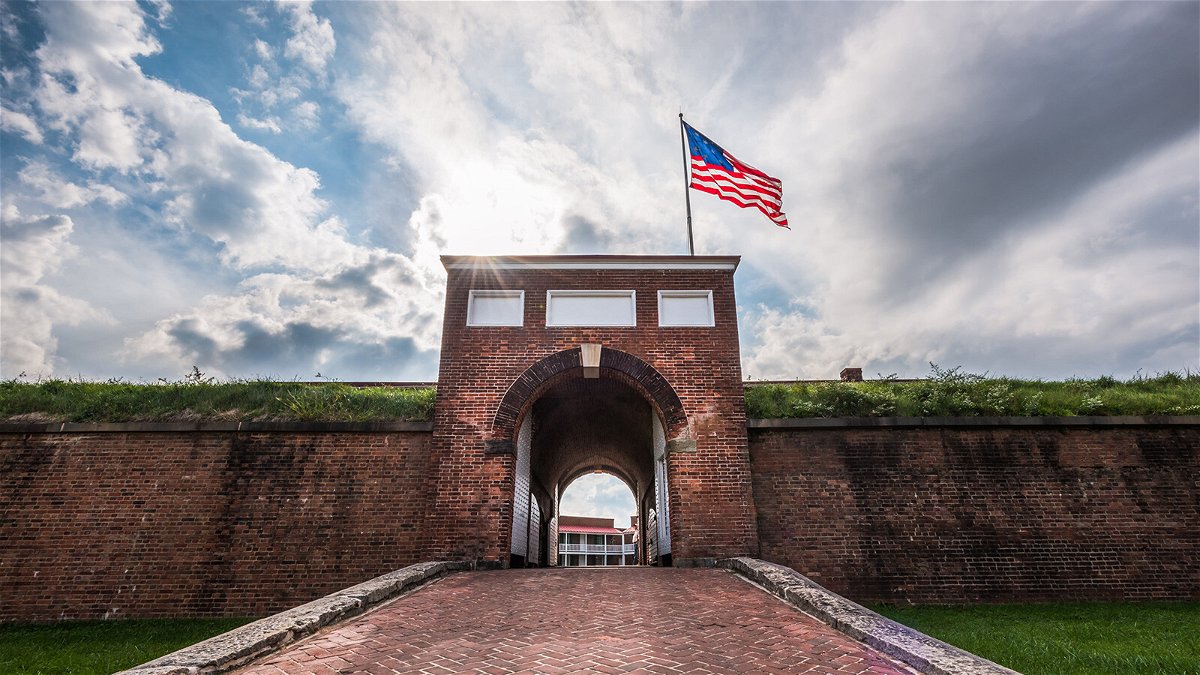 Historic American flying over the entrance to Fort McHenry National Monument