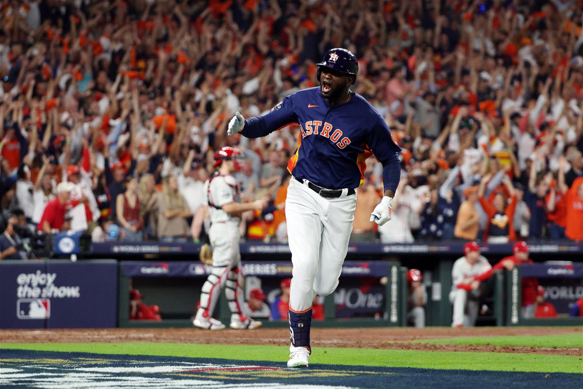 <i>Harry How/Getty Images</i><br/>Yordan Alvarez #44 of the Houston Astros hits a three-run home run against the Philadelphia Phillies during the sixth inning in Game Six of the 2022 World Series.