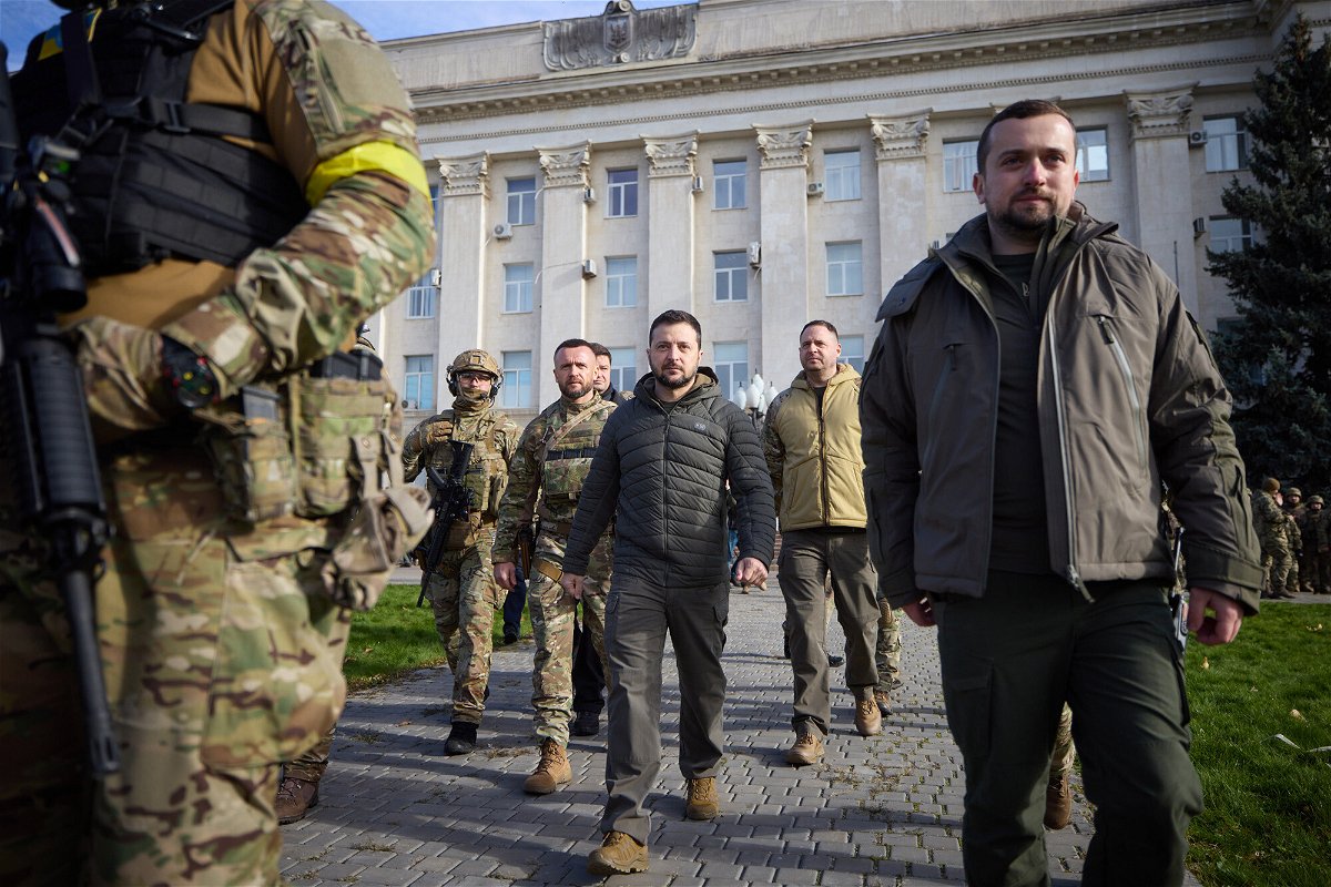 <i>President of Ukraine</i><br/>Ukraine's President Volodymyr Zelensky is seen visiting Kherson on Monday.