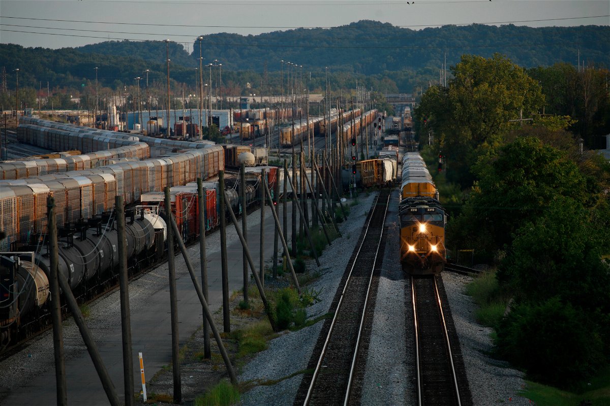<i>Luke Sharrett/The Washington Post/Getty Images</i><br/>CSX Transportation Inc. freight trains sit parked in a railroad yard in Louisville