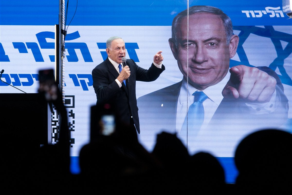 <i>Amir Levy/Getty Images</i><br/>Benjamin Netanyahu speaks to supporters during a campaign event on October 29 in Bnei Brak